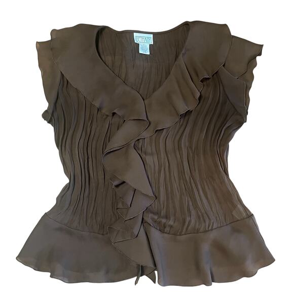 Vintage Bethany Sheer Brown Ruffle Shirt Size Large - Picture 1 of 3